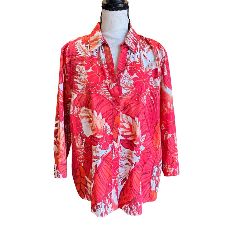 Chico's Red Tropical Floral Wrinkle Resistant Cotton Button Down Shirt Sz 3 (XL)